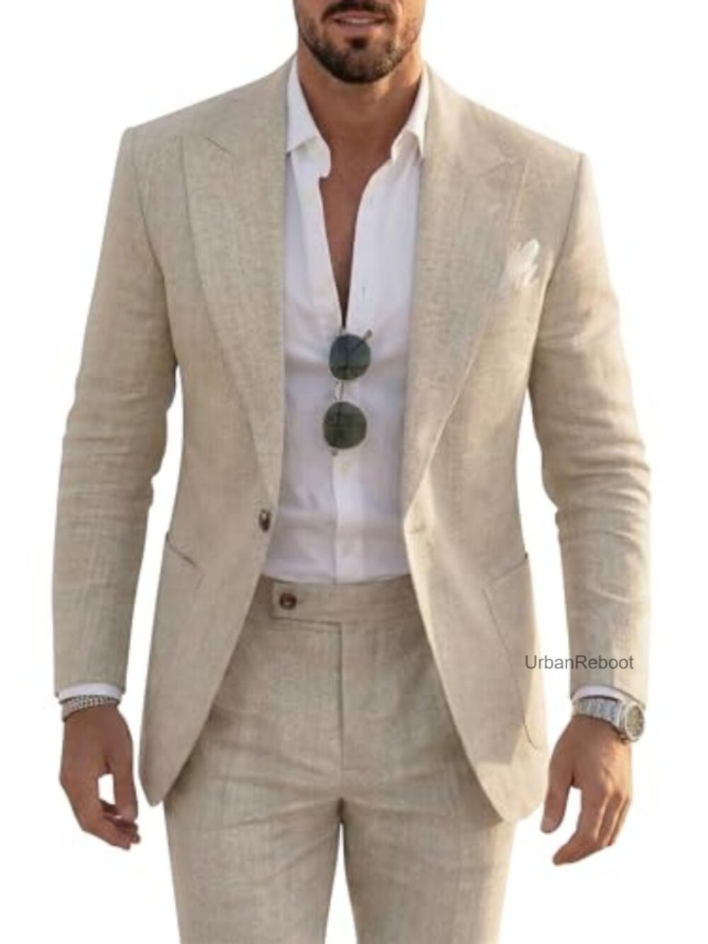 Mens Linen Suit 2 Piece Summer Wedding Suits Jacket and Pants Slim Fit